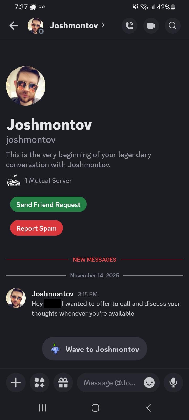 Screenshot of Josh attempting to take conversation private on Discord