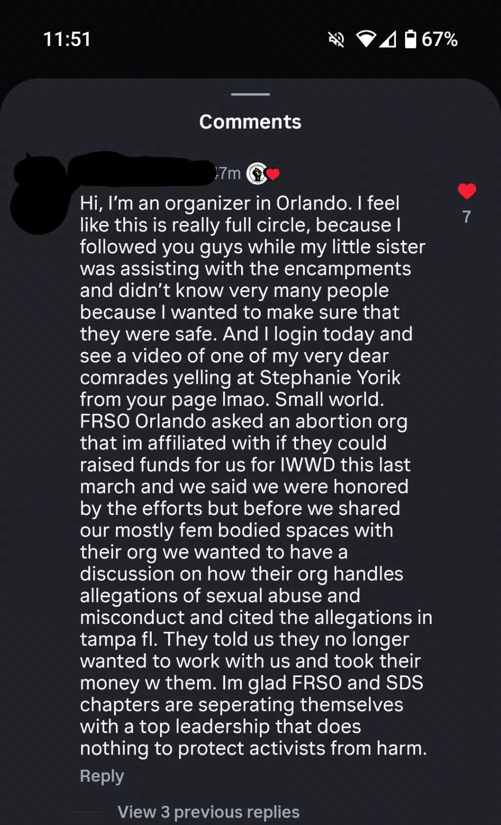 Instagram comment about Orlando isolation