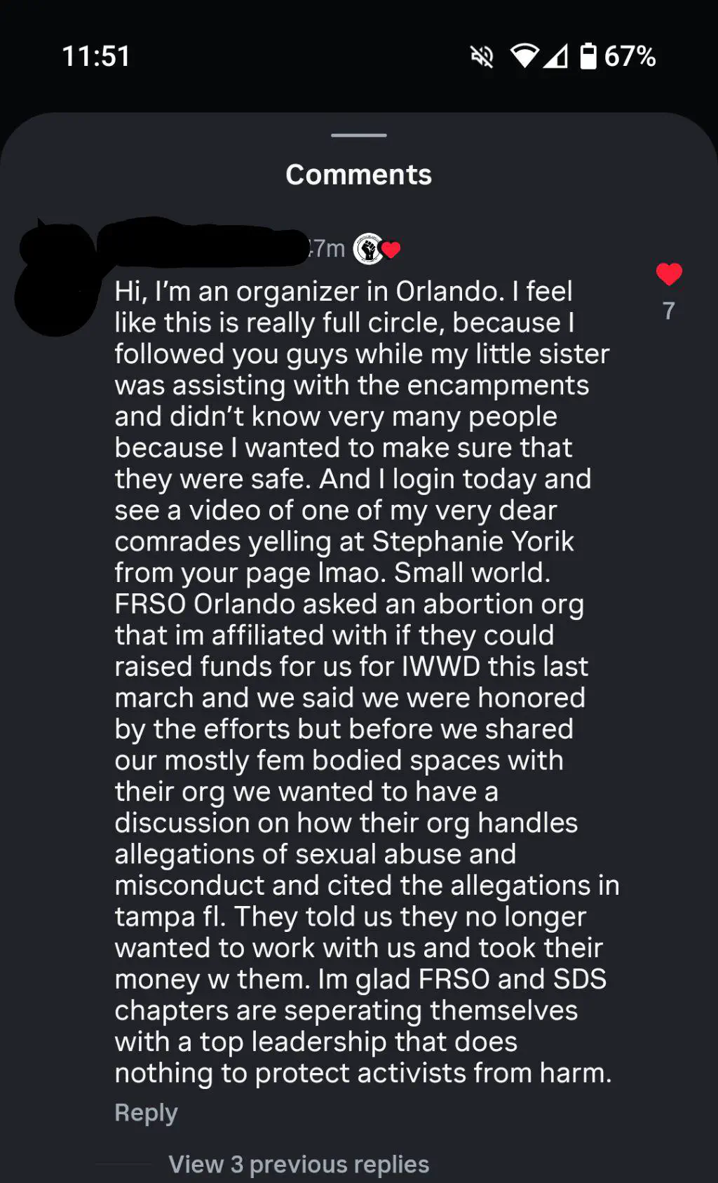 Instagram comment about Orlando isolation